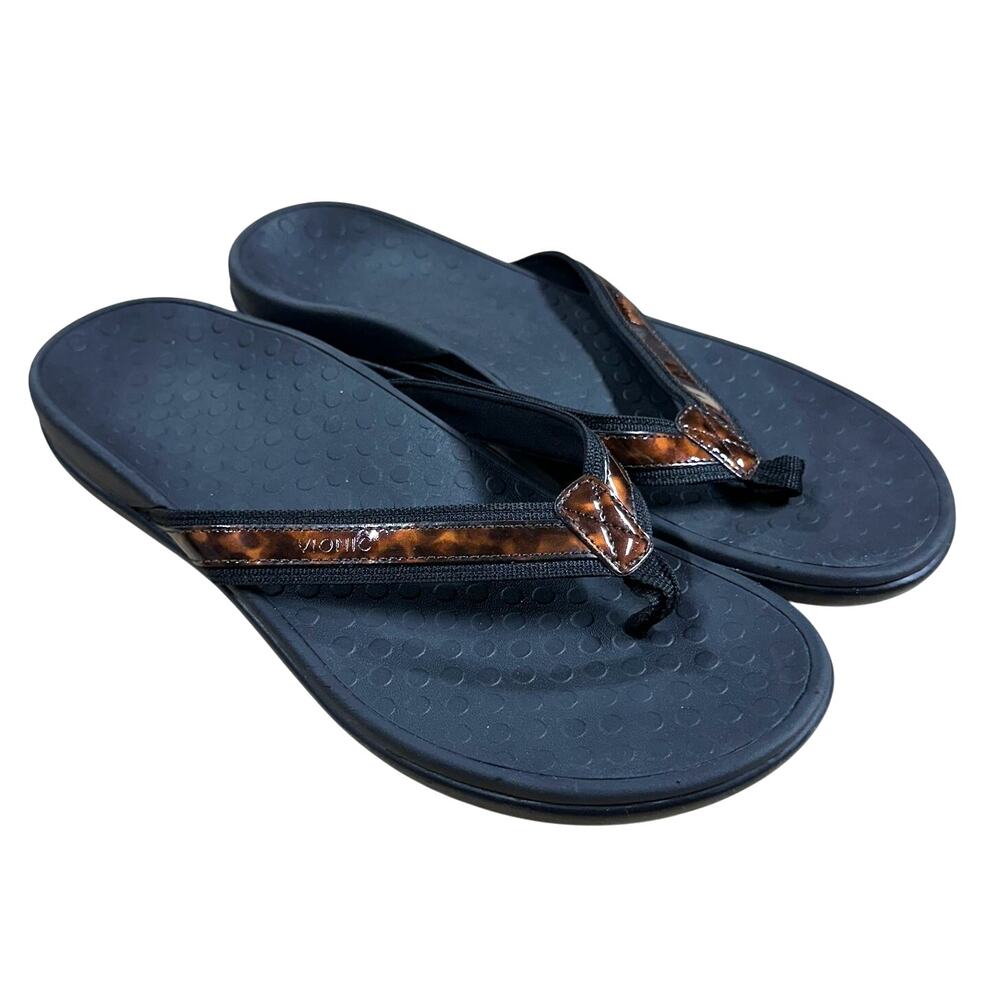 Vionic NWB Tide II Leather Orthotic Sandals Black Tortoise Size 12M Flip Flop